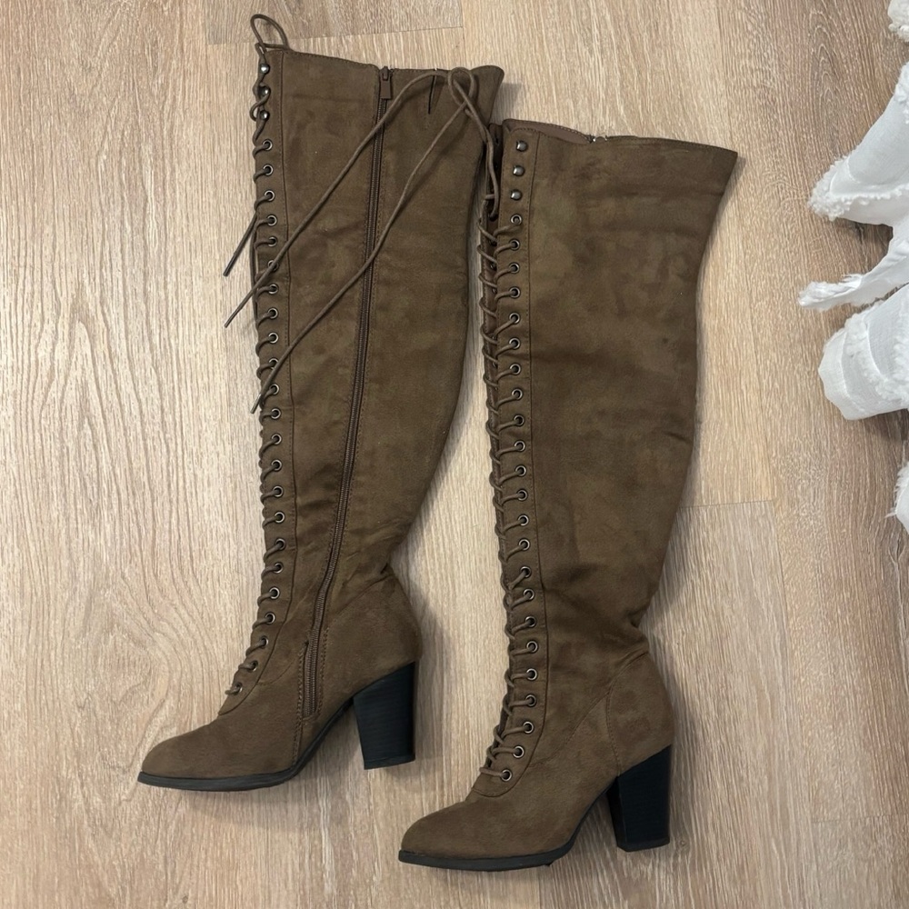 Forever 21 Brown Lace-Up Knee-High Block Heel Boots